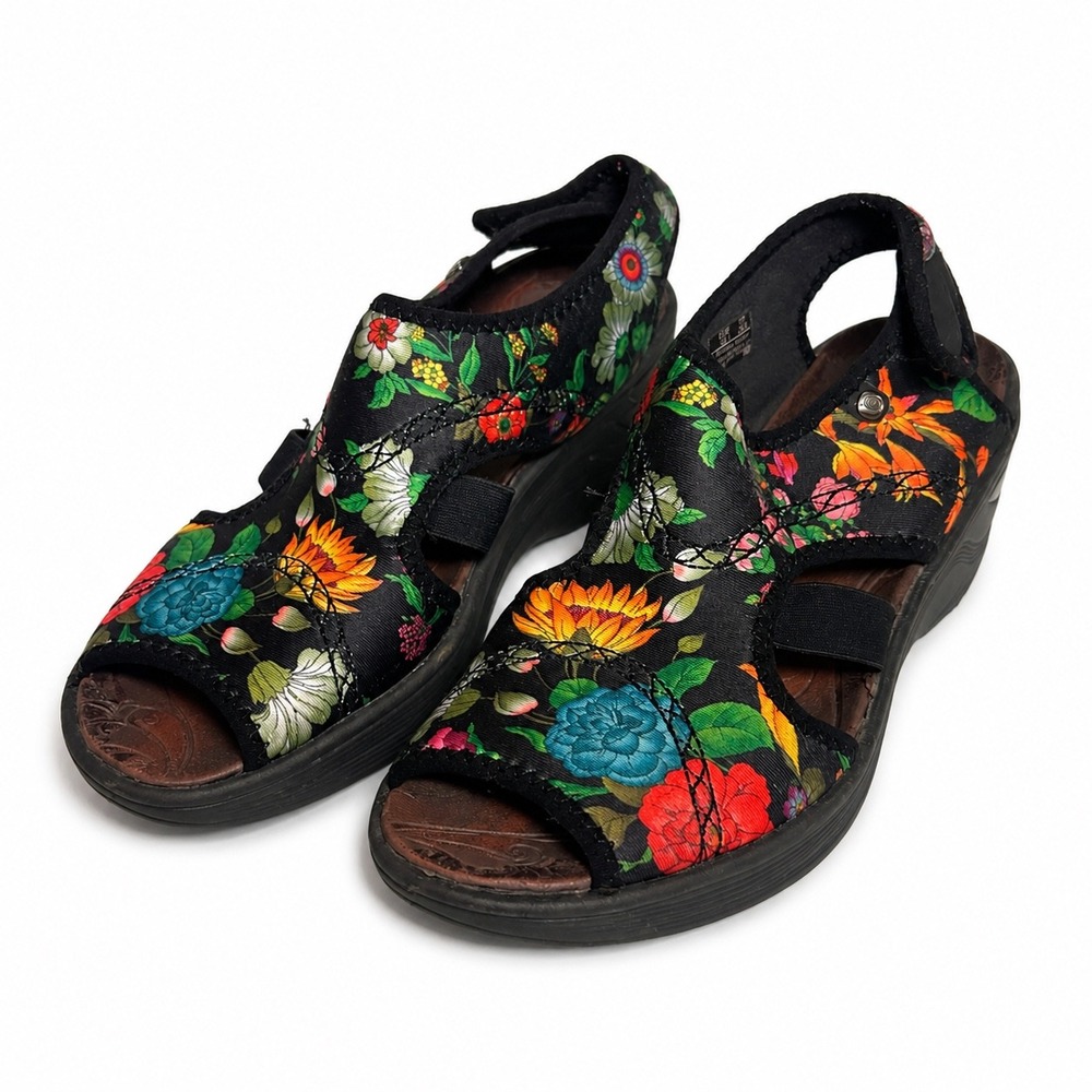 Bzees Dream Floral Wedge Sandals Black Multi Color Size 8.5M Comfort